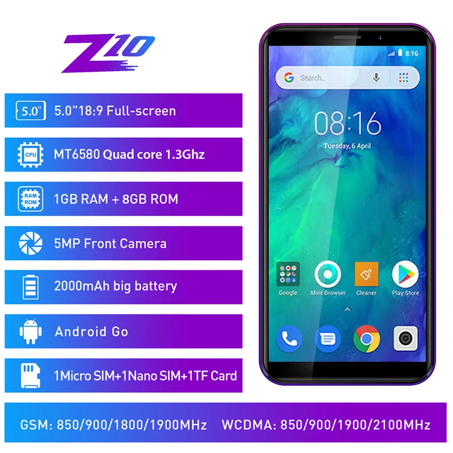 LEAGOO Z10 Android O Go 18:9 5 0 &quot1 ГБ ОЗУ 8 Гб ПЗУ смартфон 2000 мАч 960*480 MT6580M четырехъядерный