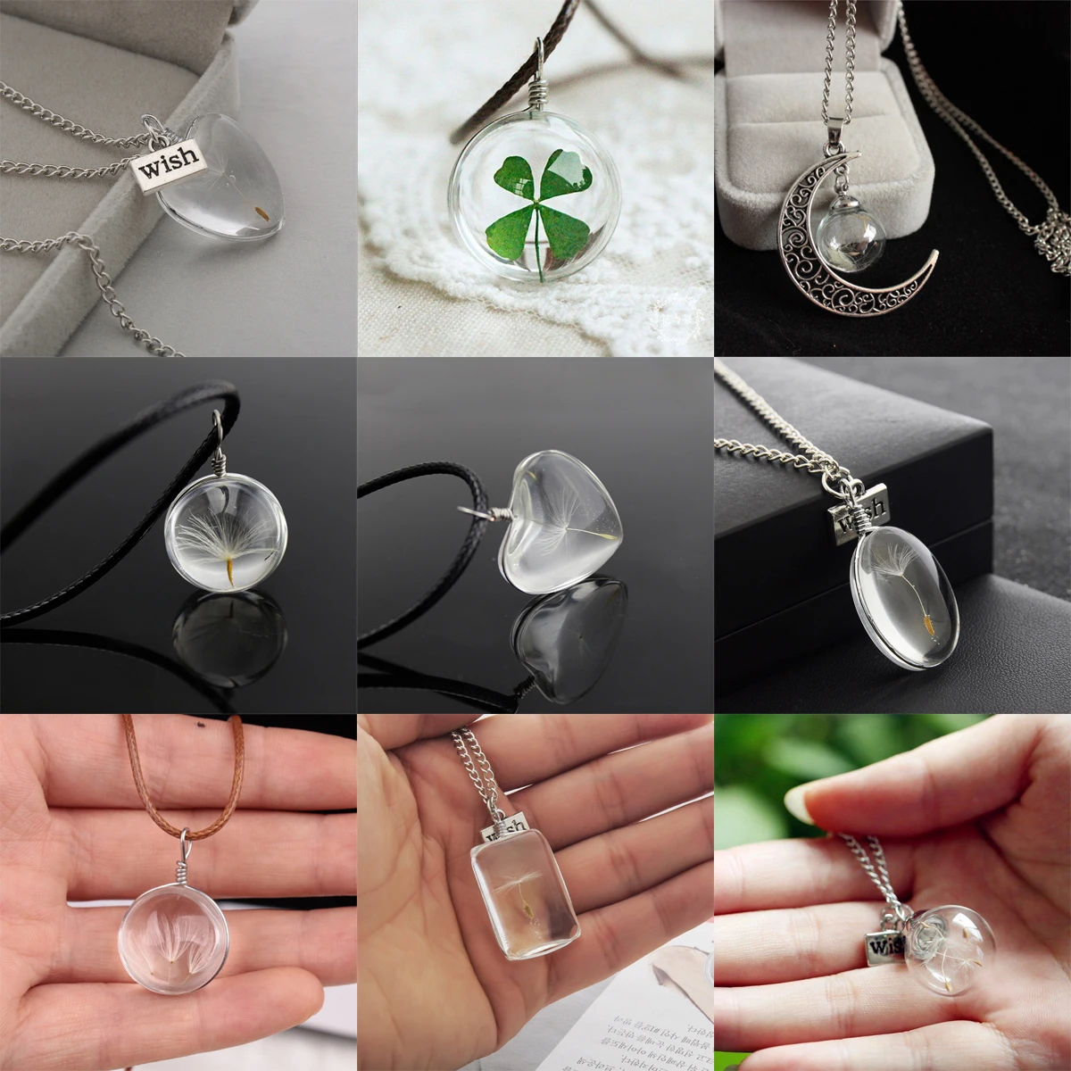 Bespmosp Clover Heart Oval Water Drop Rectangle Moon Real Dandelion Seeds Wish Glass Pendant Necklace Chain Women Girls Jewelry | Украшения