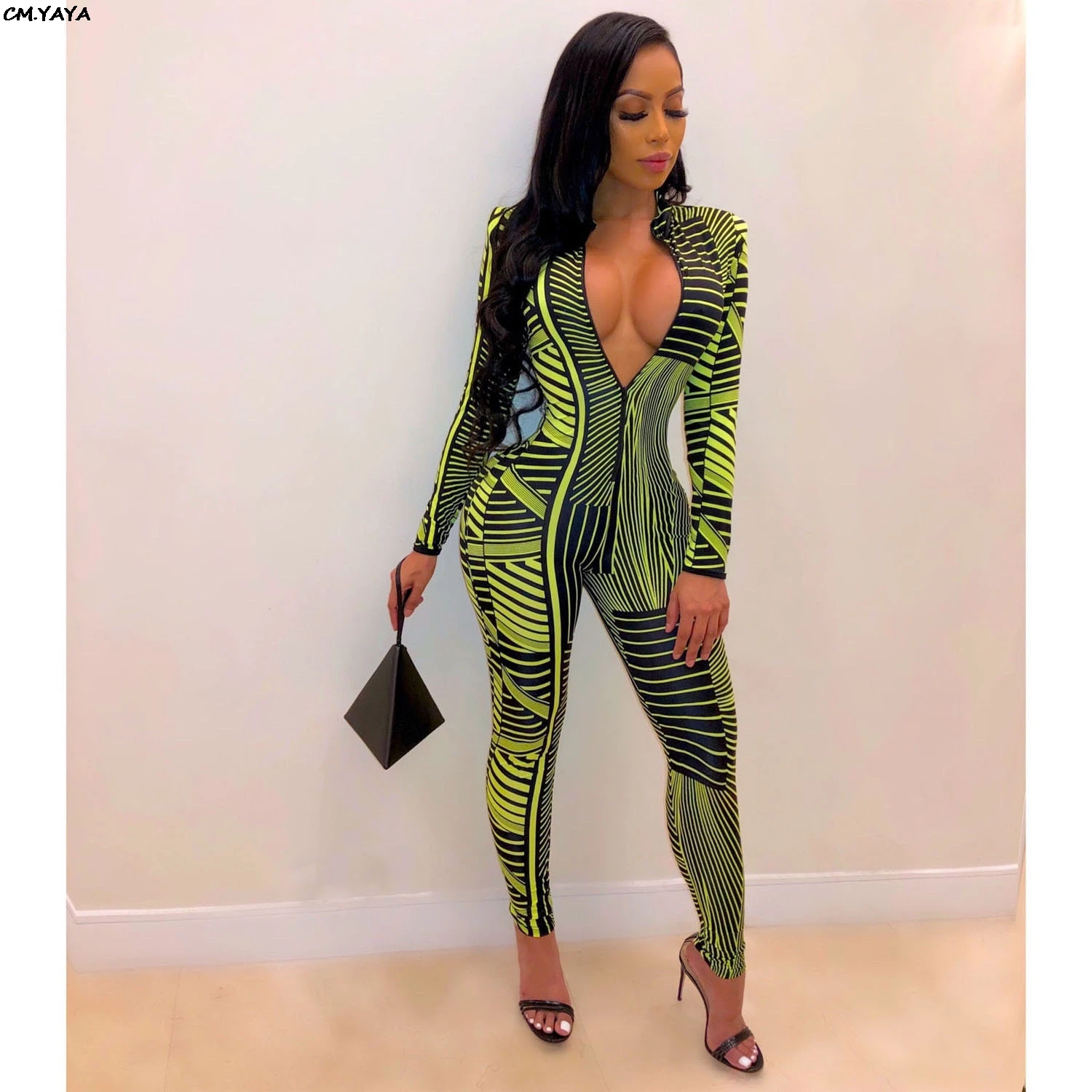 Женский Облегающий комбинезон на молнии в несколько полосок с длинным рукавом