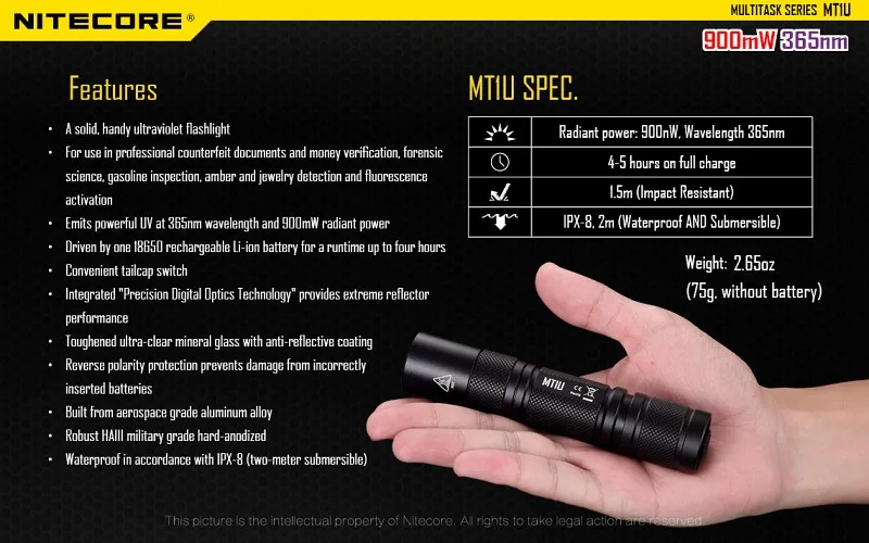 NITECORE MT1U многоцелевой светильник-вспышка 900 мВт 365 нм, длина волны, холодный светильник, удобный Ультрафиолетовый фонарь, светильник для рыбалки, охоты