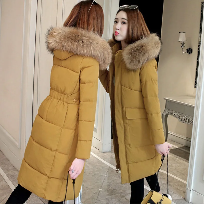 

winter Thickening new waist Korean version slim slimming warm coat women long section casual fur collar Cotton lady clothing s91