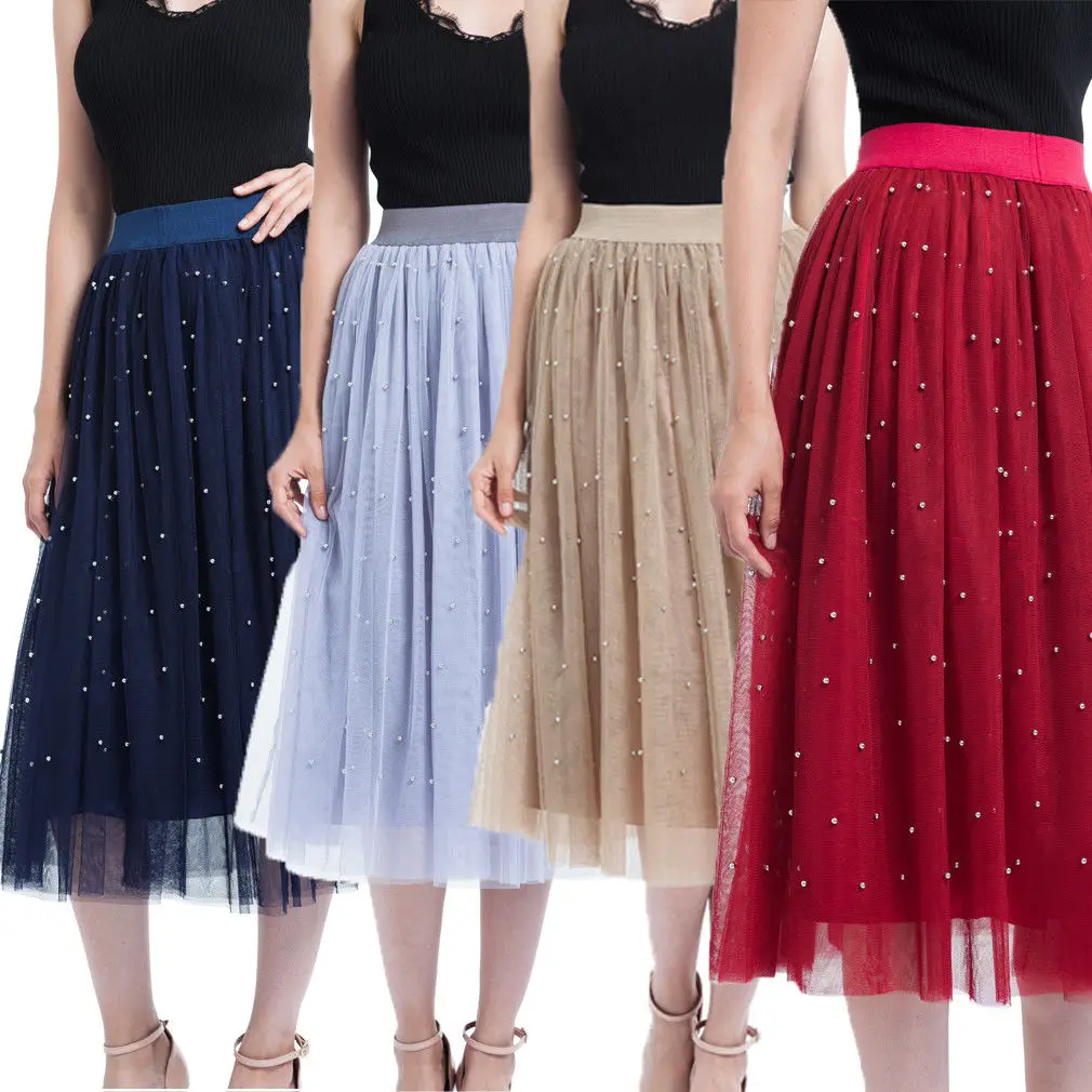 

Women Lady Summer Boho Flare Pleated Casual Party Midi Beach Skirt Fashion Beading Lace Solid High Waist Elegant Gown Skirts