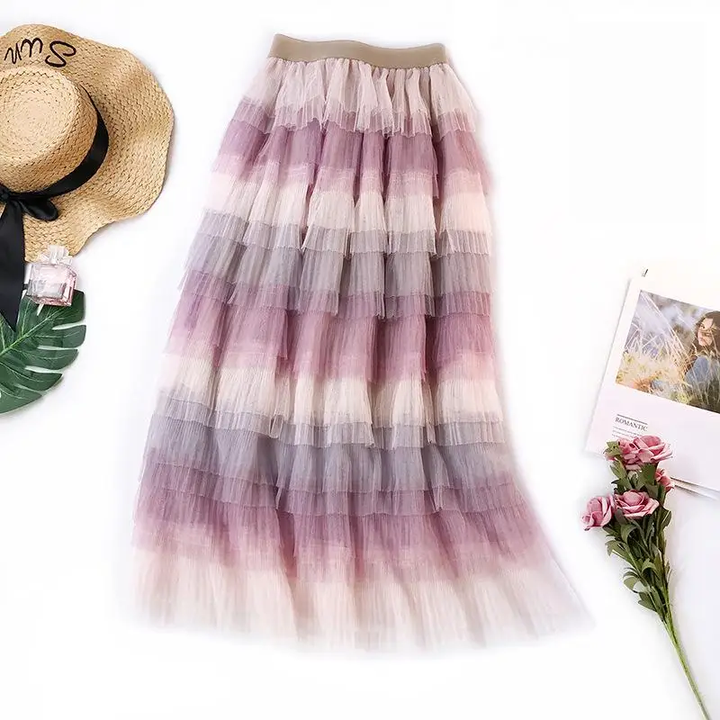 Женская многослойная юбка плиссированная до щиколотки из тюля выцветающего