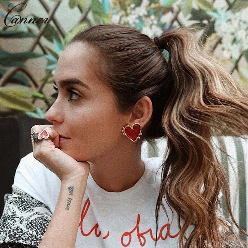 Fashion Red Heart Stud Earrings for Women Gold Color Statement 2019 pendientes mujer Female Earings Jewelry Gifts Q4 | Украшения и
