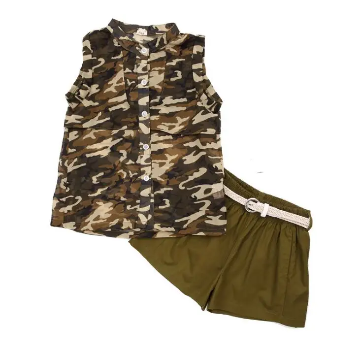Детская одежда летняя камуфляжная из шифона с ремнем для девочек 3 шт. армейский