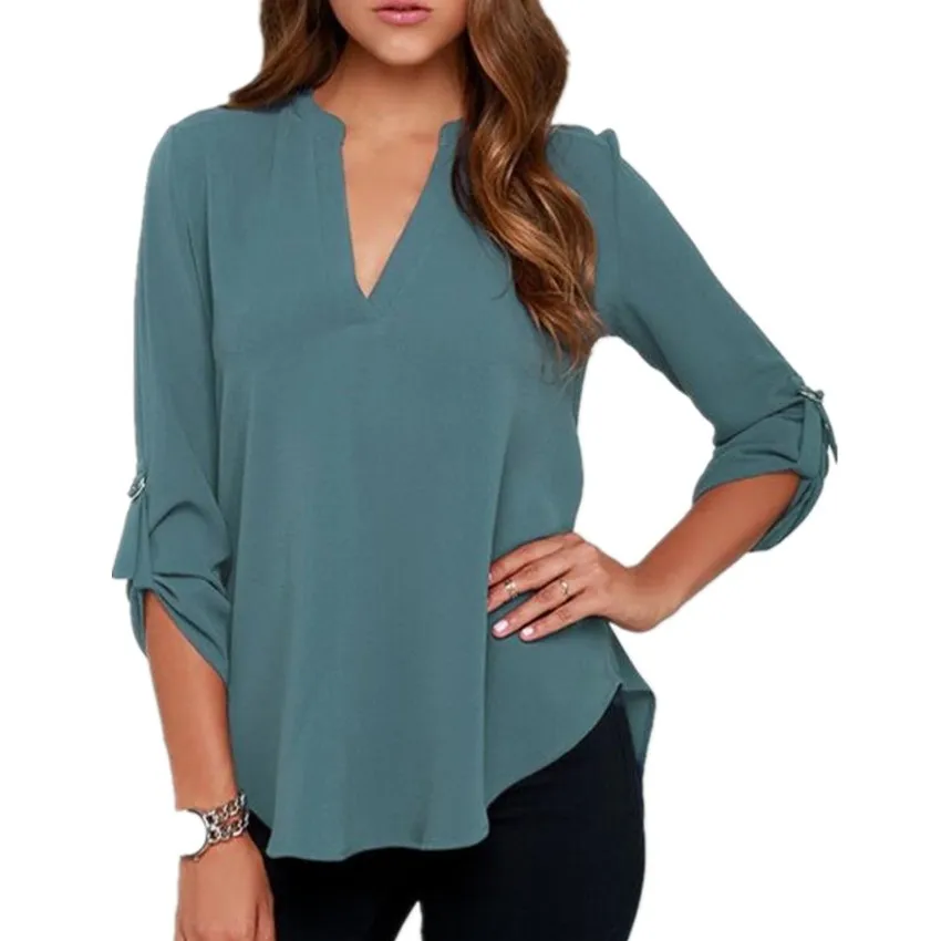 Блузка женская свободная с длинным рукавом и треугольным вырезом 2019|5xl blouse|chiffon