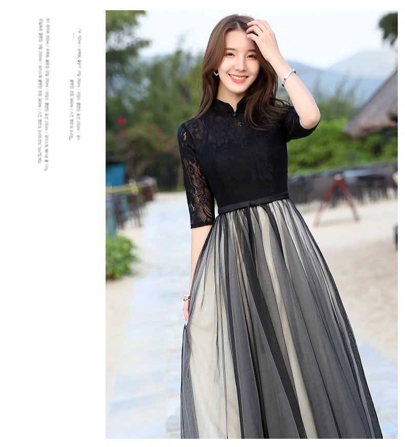 Черный Длинные Кружева Вечерние Платья A-Line Молния Пром Ручной Работы 2017 Сшитое