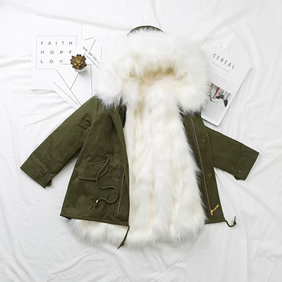 Green With White Пальто с мехом для девочек-подростков детское зимнее пальто куртки с подкладкой из искусственного лисьего меха детская верхняя одежда плотное теплое пальто для маленьких девочек парки для мальчиков - Цвет: Green With White