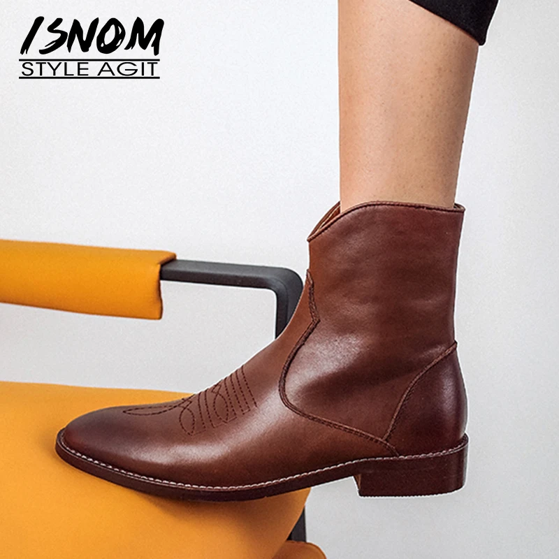 Женские ботинки из коровьей кожи ISNOM осенние на низком каблуке с закругленным