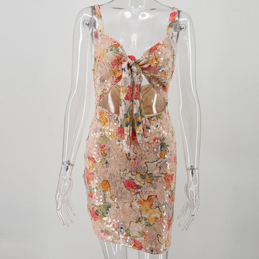 Women Cut Out Waist Backless Sequin Party Dress Mini Deep V Neck Bow Bodycon Summer 2019 Flower Sequined Vestidos | Женская одежда