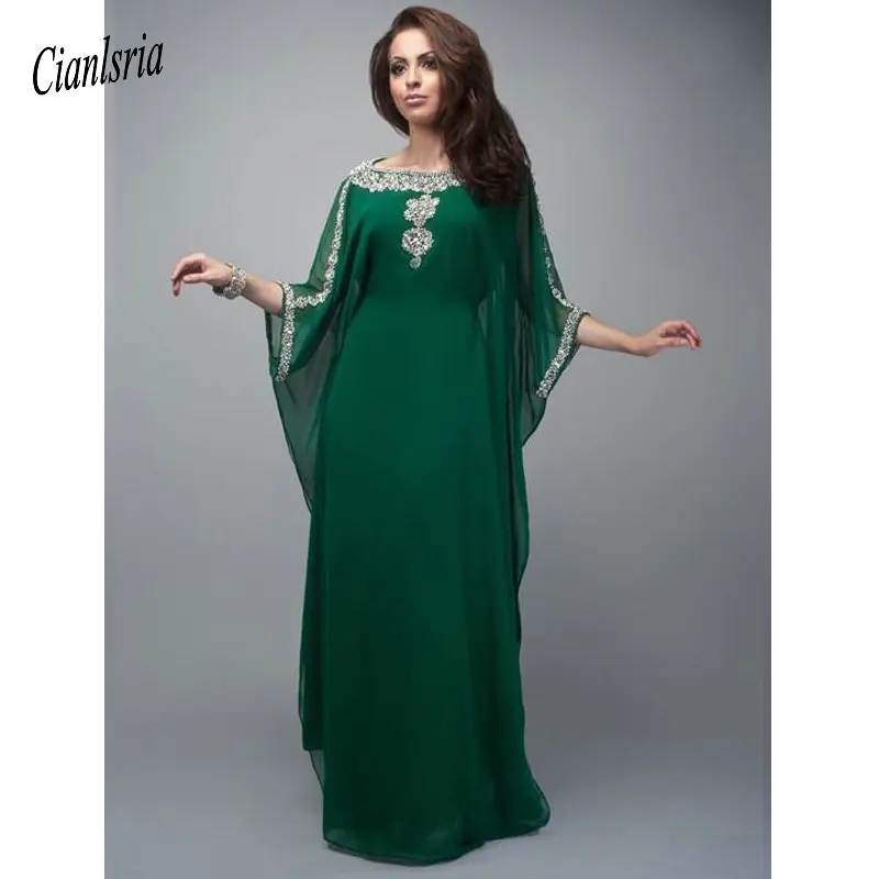 Мусульманские темно-зеленые вечерние платья с овальным вырезом серебряными