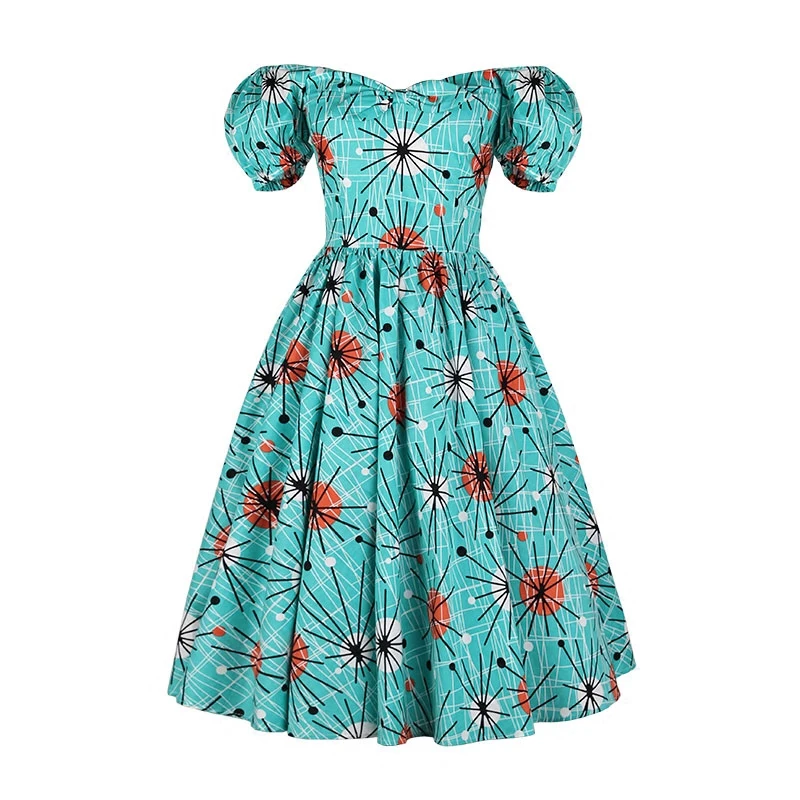 40 женское винтажное платье 50s blue kitsch atomic с пышными рукавами большие размеры