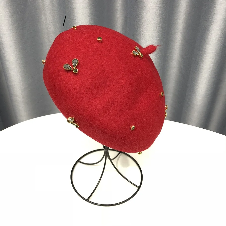 red VISROVER, зимний шерстяной берет с кристальной Пчелой, Женская шерстяная шапка, зимняя, осенняя, весенняя шапка, одноцветная, высокое качество, для женщин, Boina - Цвет: red