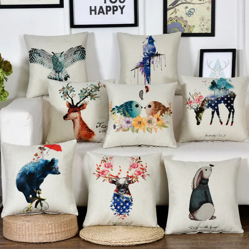 

RUBYLOVE Wild Animal Printed Cotton Linen Cushion Cover Rabbit Bear Elk Parrot Home Decor Pillowcase Eagle Sofa Cushion Case