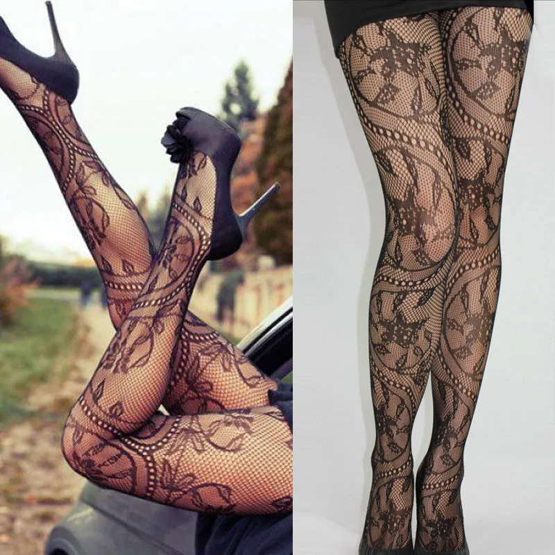 

Women Black Fishnet Lace Floral Pattern Tights Hot