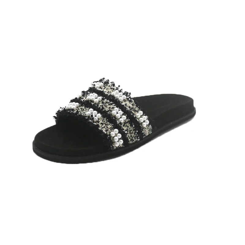

Newest House slippers pearl decor ladies flats slides mixed colors fringe flip flops women shoes summer brand females sandals