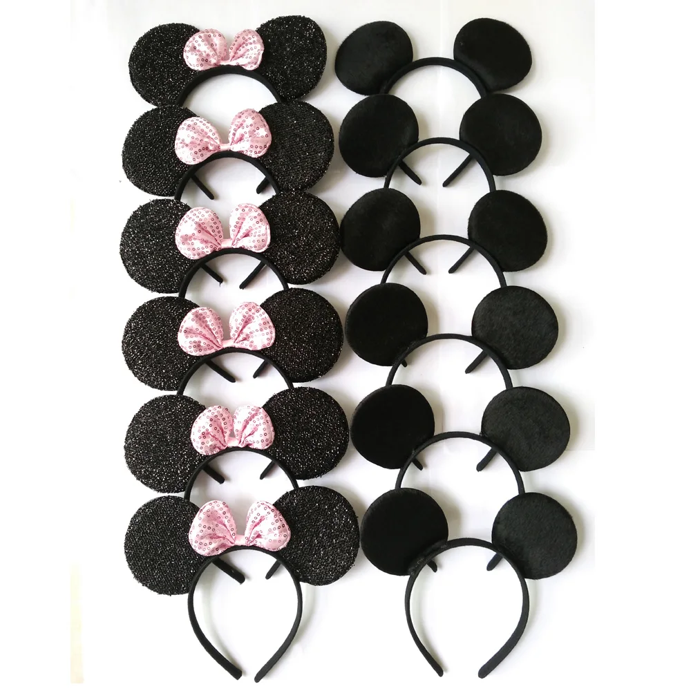 12 шт. аксессуары для волос ободки с ушками Минни/Микки черные и розовые блестками