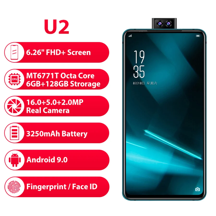 Elephone U2 16MP Pop Up Камера 6 26 &quotFHD + безрамочный экран с Экран Android 9 0 MT6771T Octa Core ГБ 128 Face ID 4