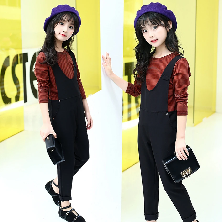 Children's Clothing For Girls Spring Clothes Children Striped Shirt+Jumpsuit 2Pcs Autumn Teen 8 10 12 Years | Детская одежда и
