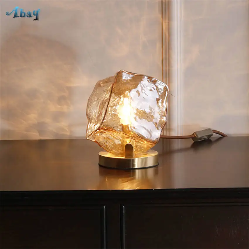 art deco Ice cube shape copper base glass table lamp for bedroom living room office creative home bedside led light | Лампы и
