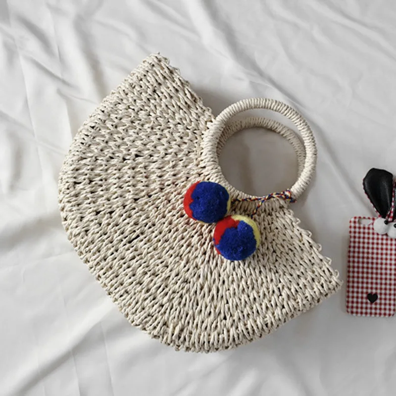 Женская пляжная Плетеная соломенная сумка с помпоном в форме Луны новые летние