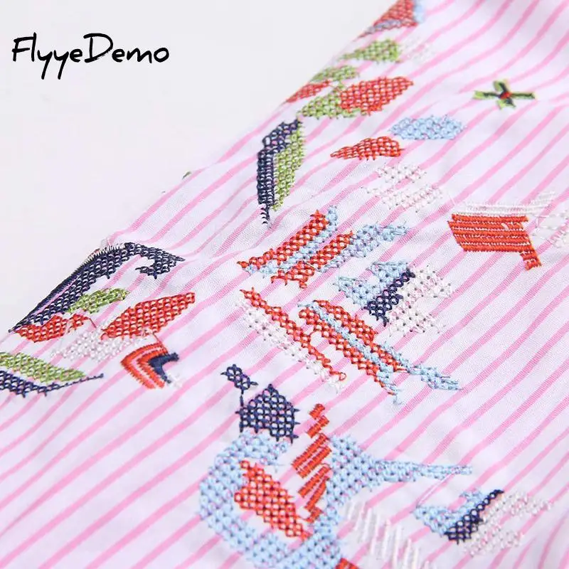 

XL - 5XL 2020 Summer New Fashion Floral Embroidery Blue Pink Striped Cotton Shirt Loose Large Plus Size Loose Shirt Tops Women