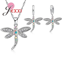 pretty dragonfly jewelry sets 925 sterling silver shinny necklace earrings for women full rhinestone crystal necklace