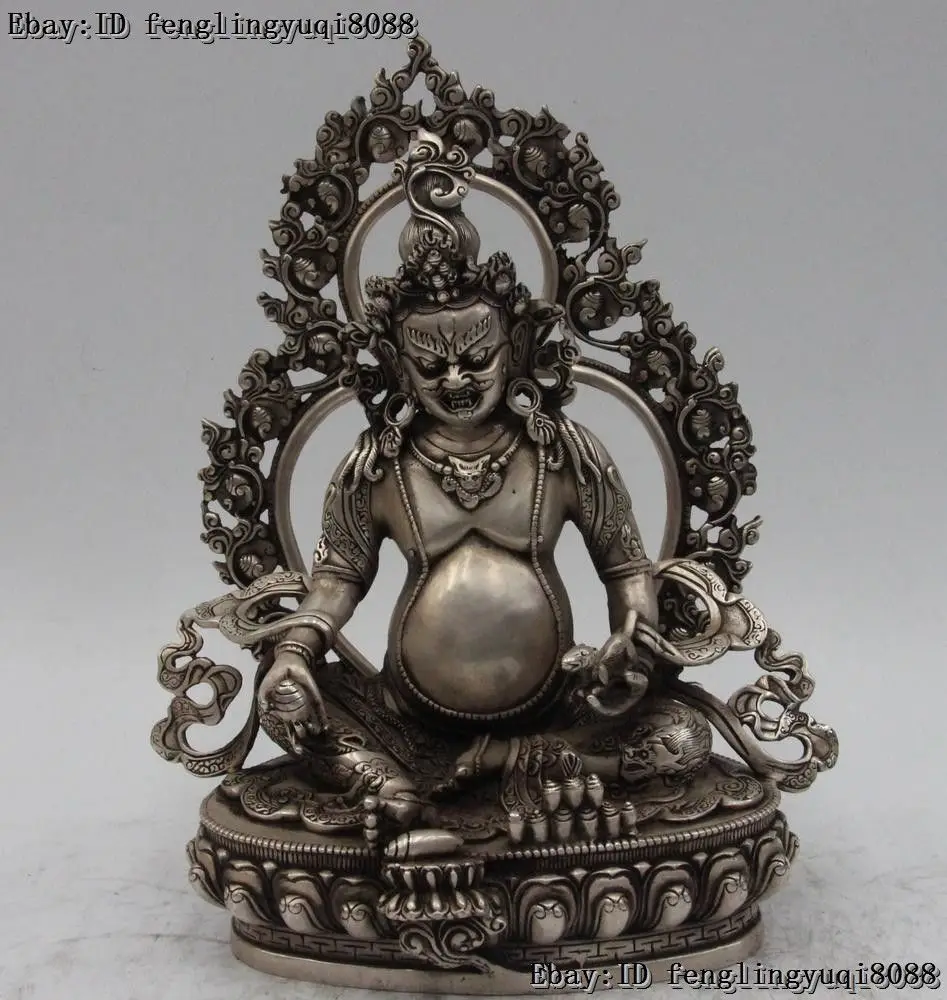 

Tibet Temple White Bronze Silver Gilt Wealth God White Jambhala Buddha Statue