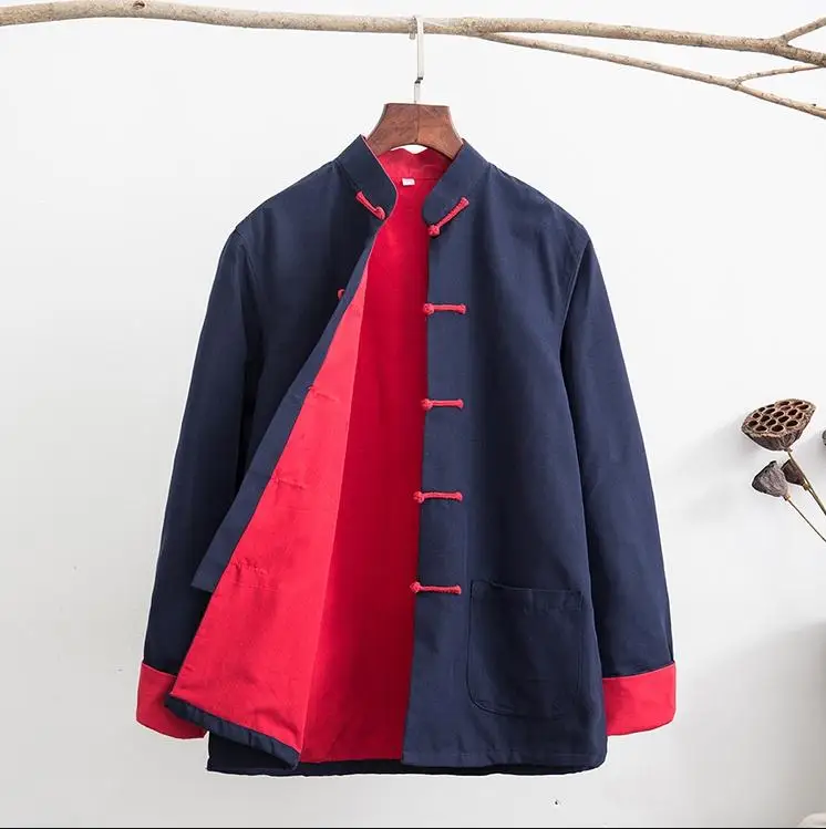 navyblue Осенняя новинка, хлопок, Китайская традиционная Мужская куртка Кунг-фу с длинным рукавом, Брендовое дизайнерское пальто, униформа Тай Чи, одежда M-4XL - Цвет: navyblue