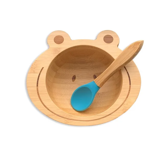 Blue Bowl and Spoon Миска на присоске из бамбука и силикона, детская Тарелка на присоске, Бамбуковая посуда для кормления детей, миска для кормления ребенка - Цвет: Blue Bowl and Spoon