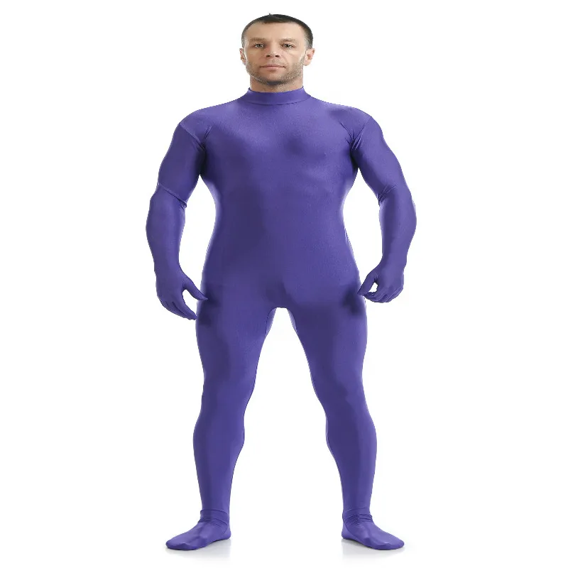 Purple Настраиваемый Экзотический Костюм зентай, мужской костюм зентай для всего тела, костюм зентай с капюшоном на молнии, обтягивающие кожаные костюмы, Одежда для танцев с руками - Цвет: Purple