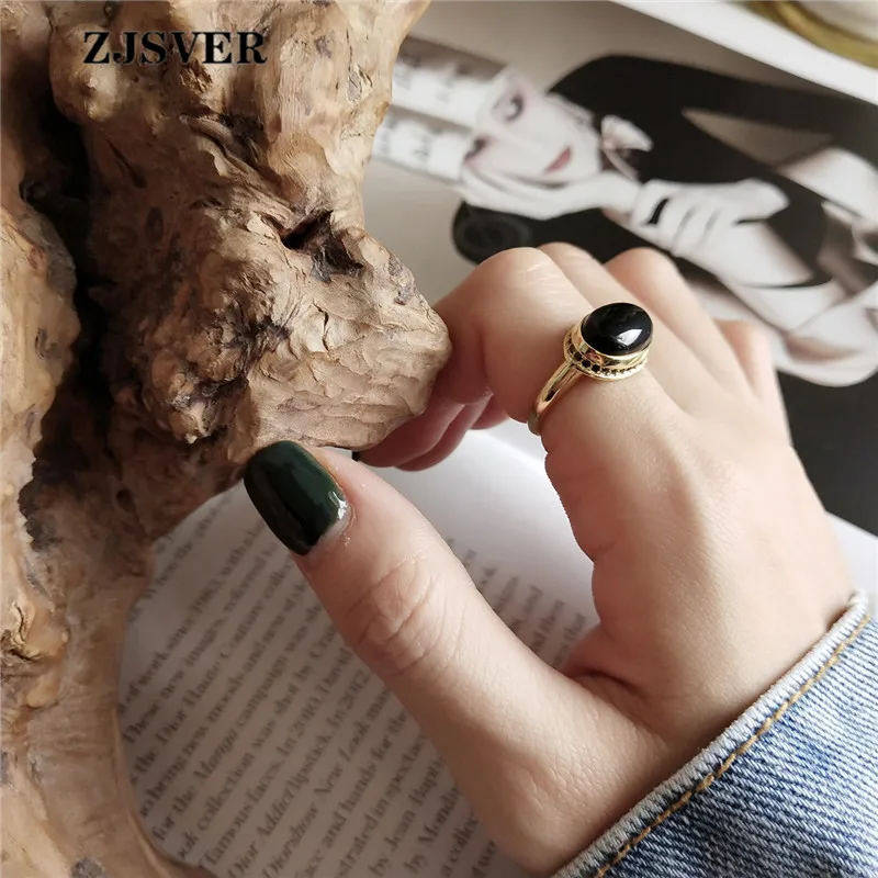 ZJSVER Korean Jewelry 925 Sterling Silver Ring Golden Retro Elliptical Black Agate Adjustable Women Rings For Festival Present | Украшения