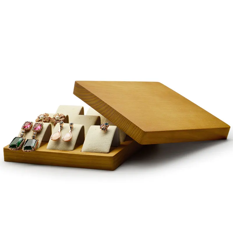 

FANXI Solid wood Beige&Dark Gray 9 Seats Earrings Display Stand with Microfiber for Jewelry Expositor Ear stud Display Holder