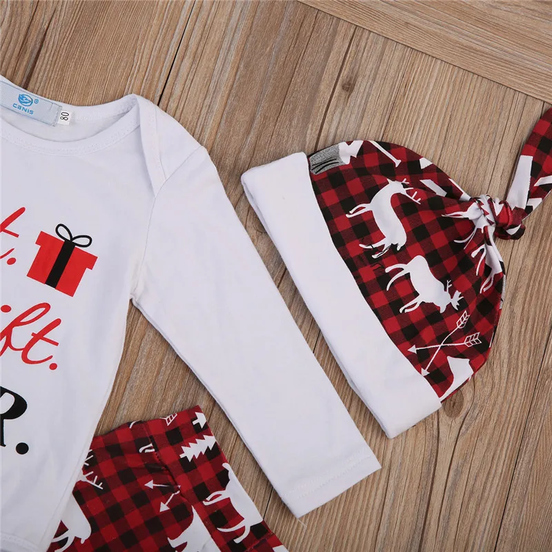 Brand New Christmas 3pcs Set Newborn Infant Baby Boy Girl Best Gift Ever Romper Pants Elk Print Beanie Hat Outfits Clothes USA | Детская