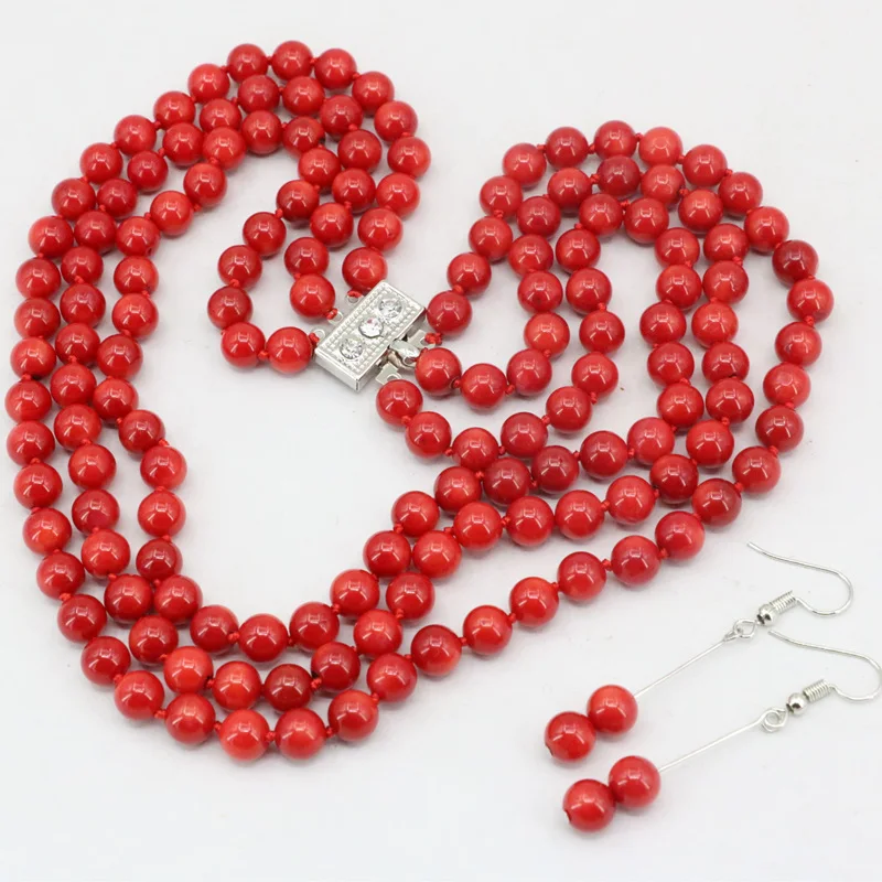 3 ряда натуральный красный коралл 7 мм круглые бусины набор украшений для женщин