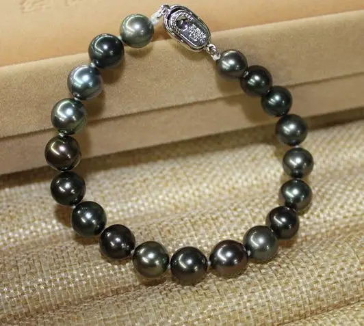 

stunning10-11mm tahitian round black green pearl bracelet 7.5-8"925S