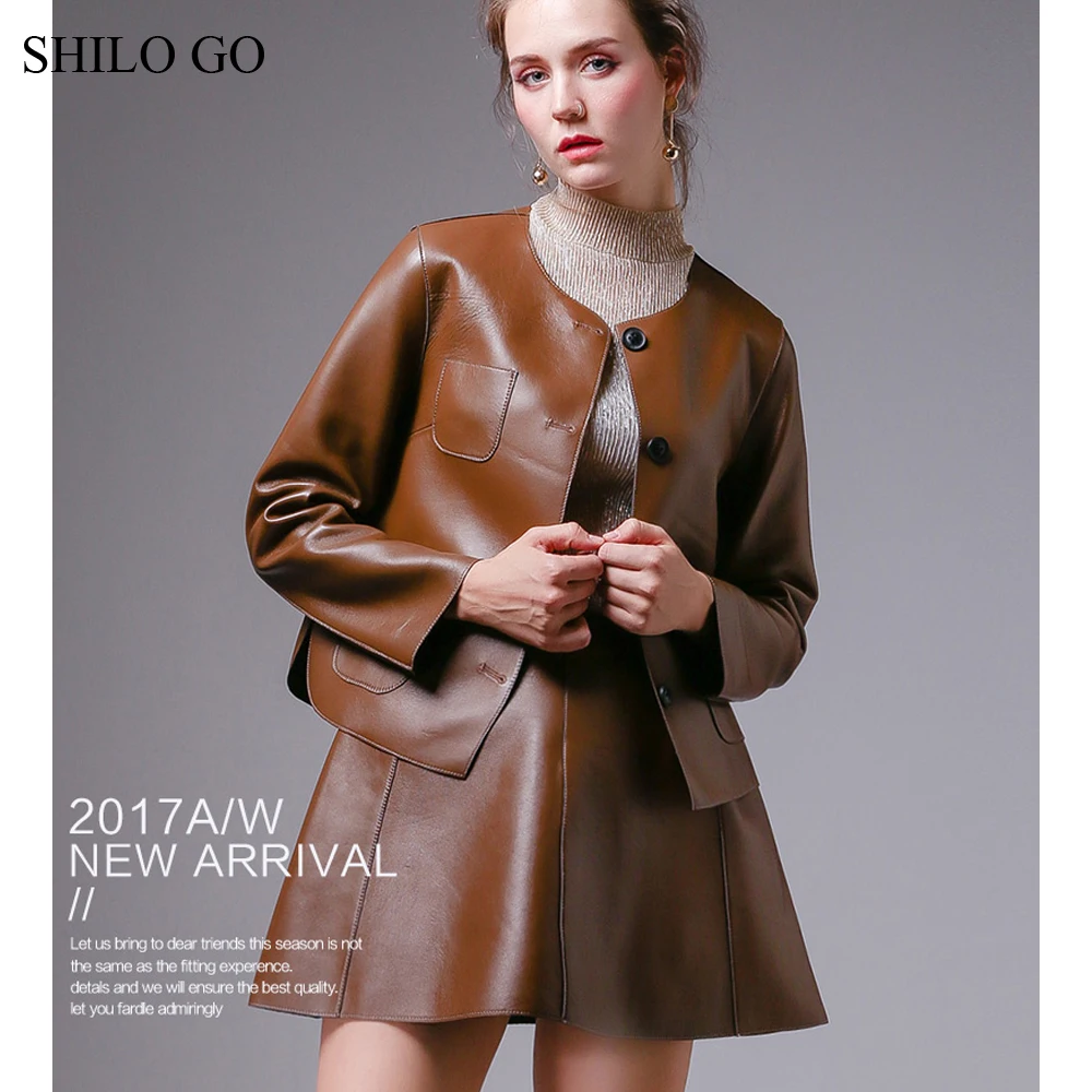 SHILO GO кожаные комплекты Женская Осенняя мода овчина из натуральной кожи костюм с круглым вырезом свободный однобортный пиджак трапециевидная рубашка