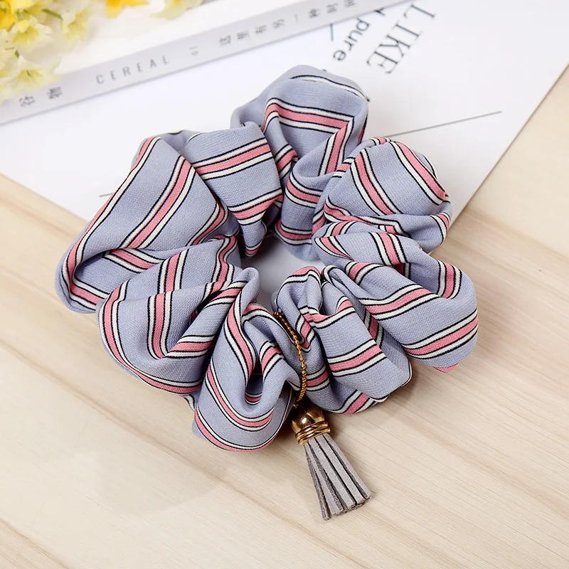 

New Tassel Scrunchies Plaid Scrunchie Women Elastic Hair Bands Girls Headwear Striped Ponytail Holder Stretchy Gumki Do Wlosow
