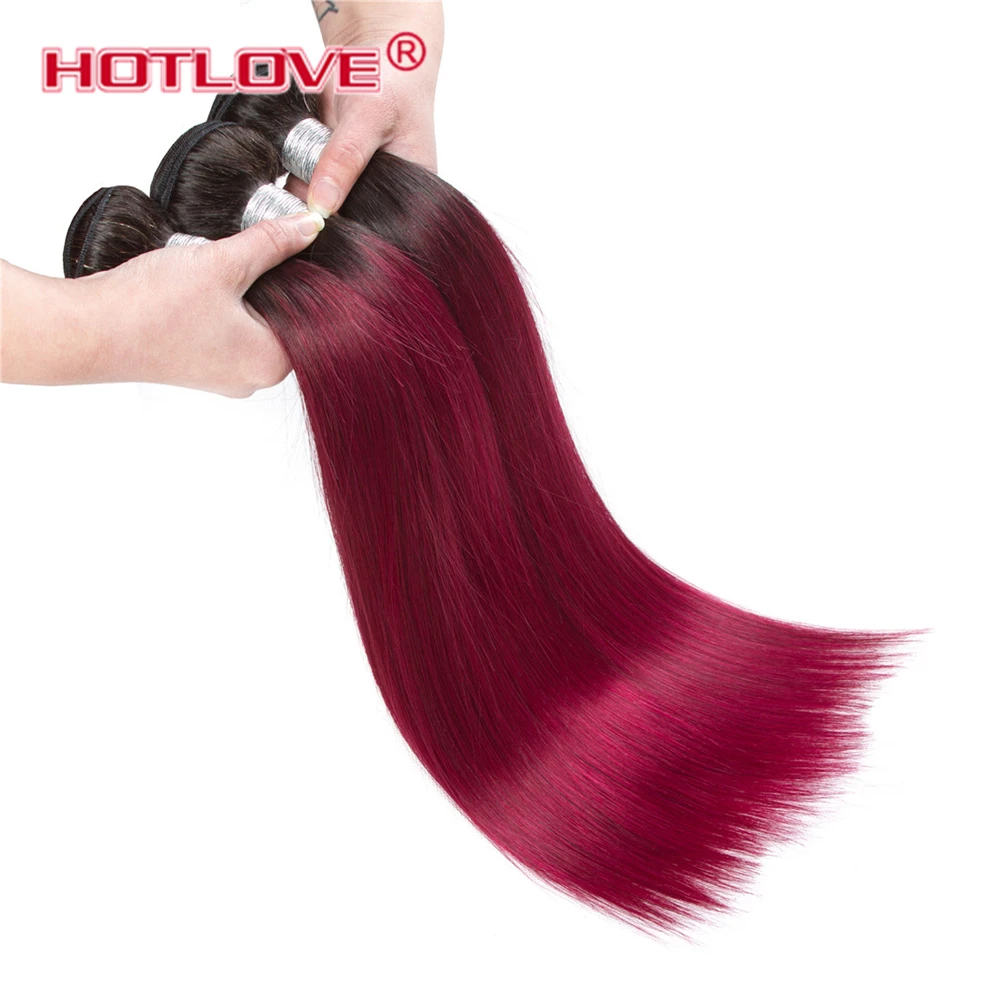 Hotlove Ombre Прямо бразильский волос Комплект с 4*4 закрытия шнурка Цвет 1B/бордовый