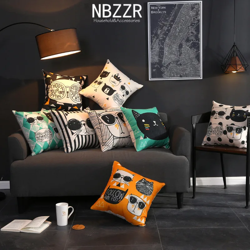 

45*45cm Linen Cartoon Cat Printed Cushion Cover Car Sofa Bed Living room Bedroom Cushion Filling Home Fashion Pillowcase