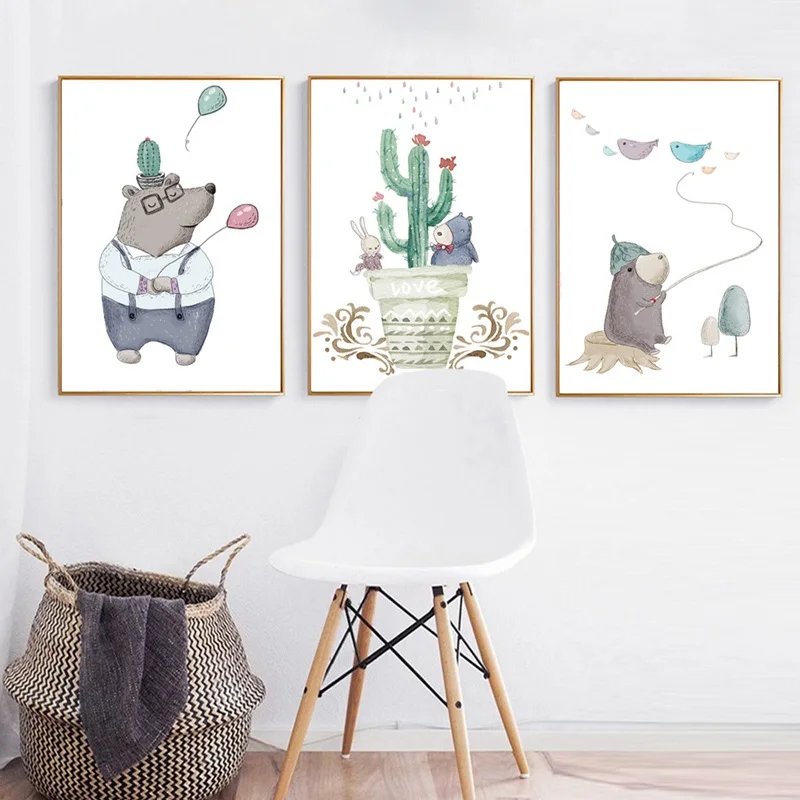 Плакаты и принты в скандинавском стиле акварельные Мультяшные милые животные