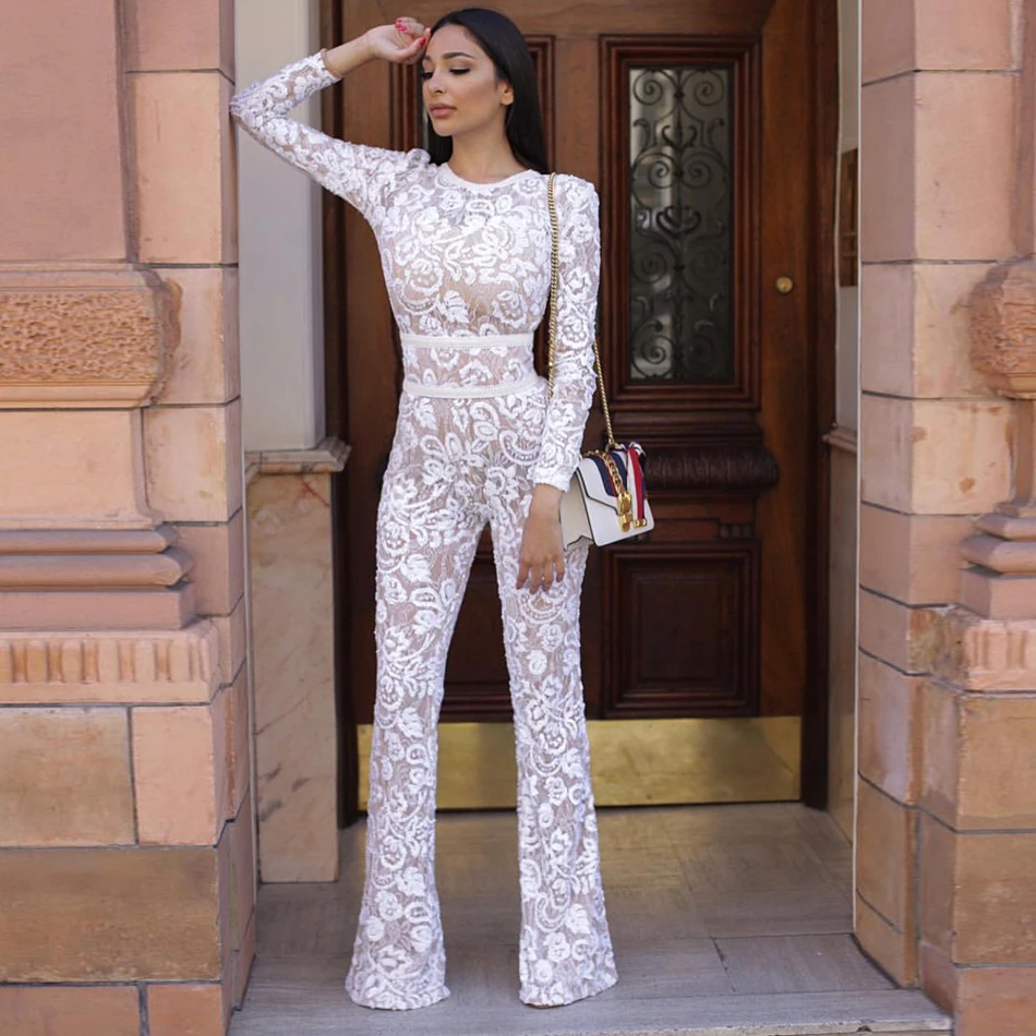 New lace full length jumpsuit fashion women's long sleeve wide leg Bodycon onesies celebrity runway party jumpsuit