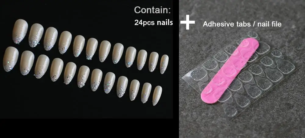 04-Adhesive Бежевый флэш-Стилет красный Омбре французский желтый глиттер поддельные ногти миндаль палец ложный кончик для ногтей банкет средней длины - Цвет: 04-Adhesive