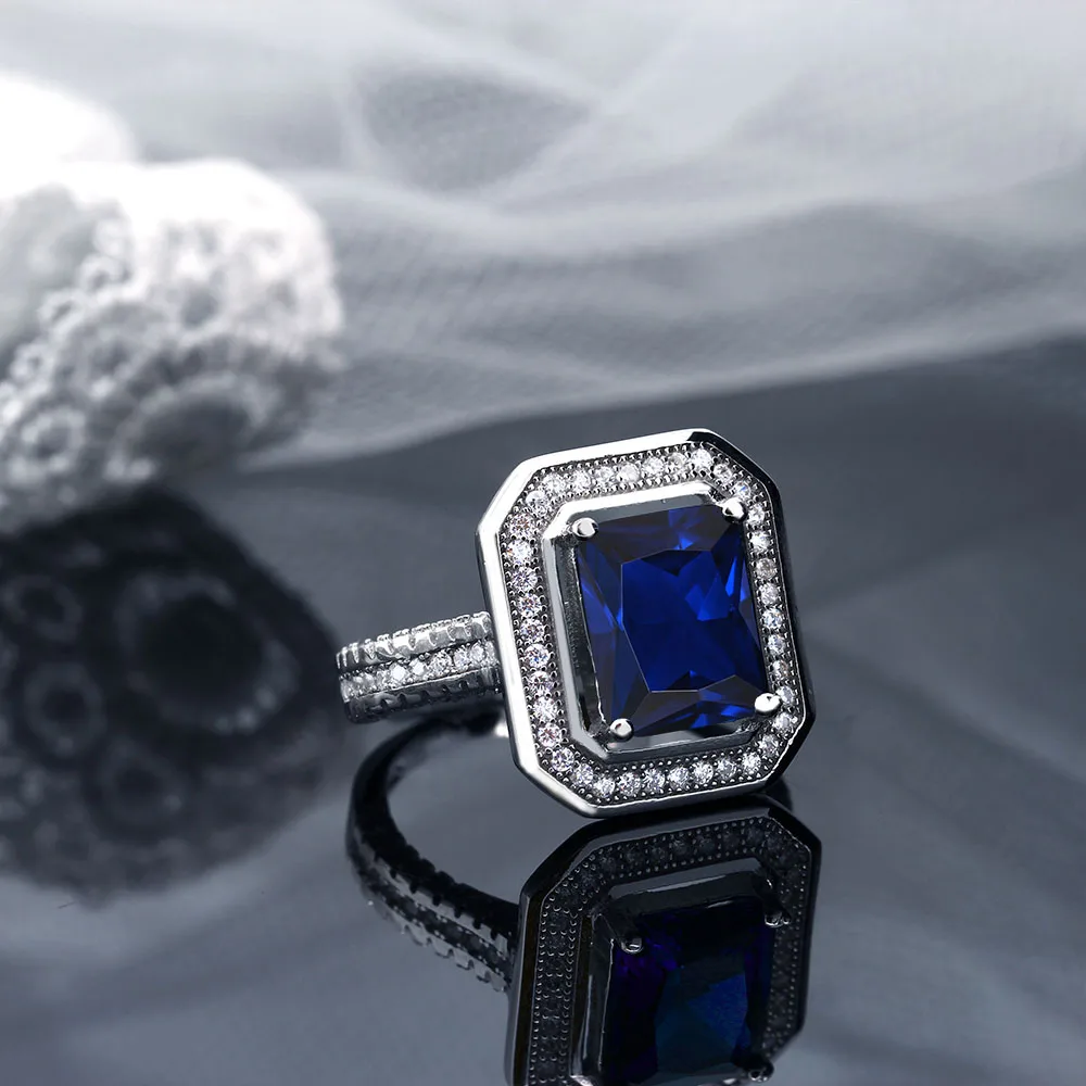 GemStoneKing 4 32 Ct потрясающее Изумрудное кольцо синий имитация сапфира Halo коктейльное
