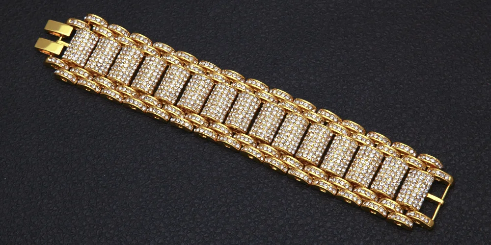 Хип хоп Полный Стразы Bling Iced Out Rapper Браслет Золотой Серебряный часы группа звено цепи браслеты для мужчин ювелирные изделия