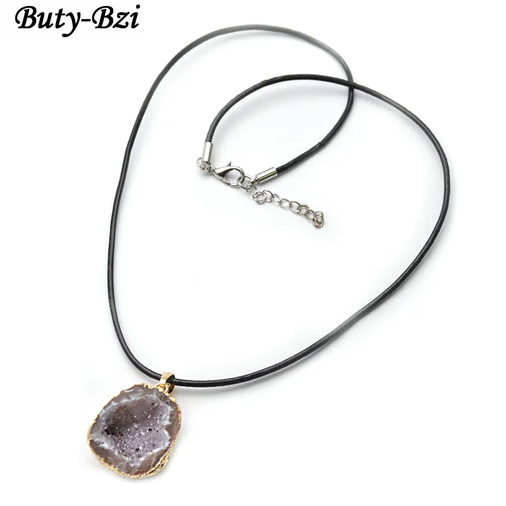 Натуральный жеод Druzy кварцевый Самородок камень Pendnat черная кожаная цепочка