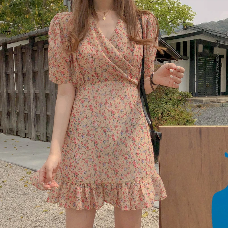 Женское винтажное короткое платье BGTEEVER шифоновое с оборками коротким рукавом и