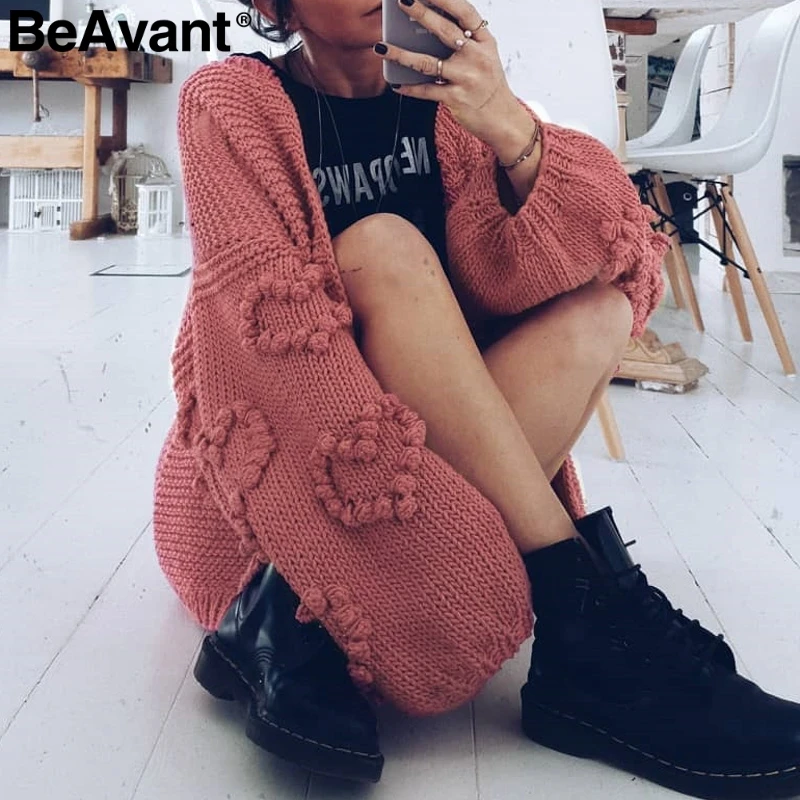 

BeAvant Loose women knitted cardigans Lantern sleeve heart crochet oversize sweaters Autumn winter female cardigan coats outwear