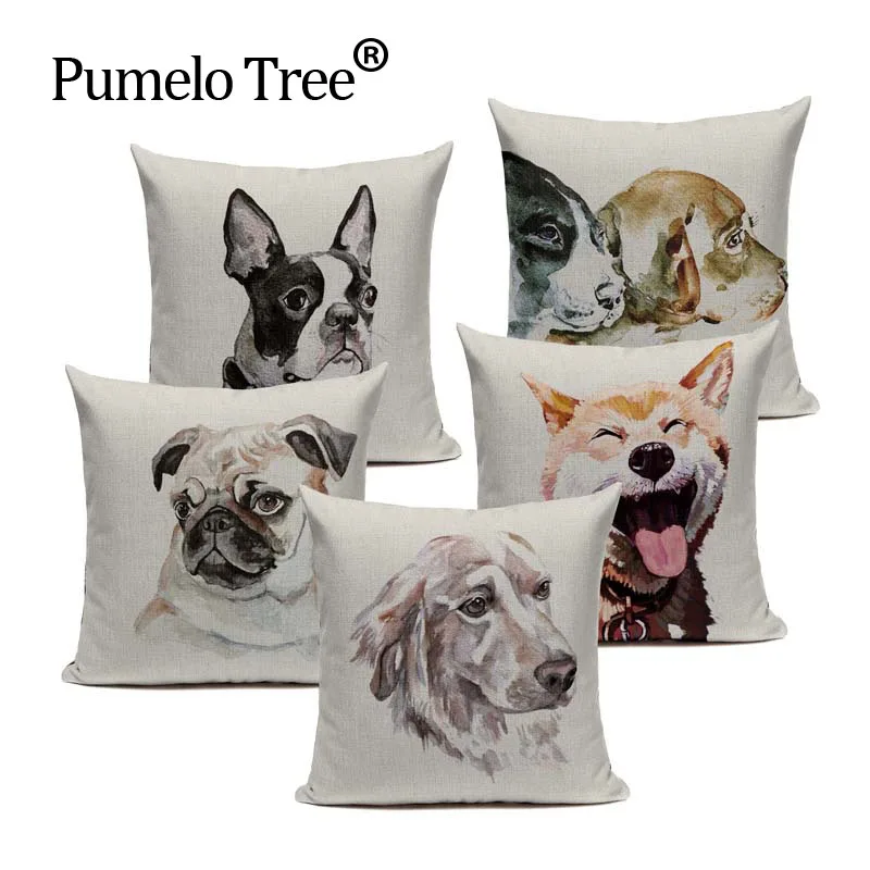 

New Design Linen Watercolor Dog Almofadas Covers 45Cmx45Cm Square Home Improvement Decorating 1 Side Printing Outdoor Pillows