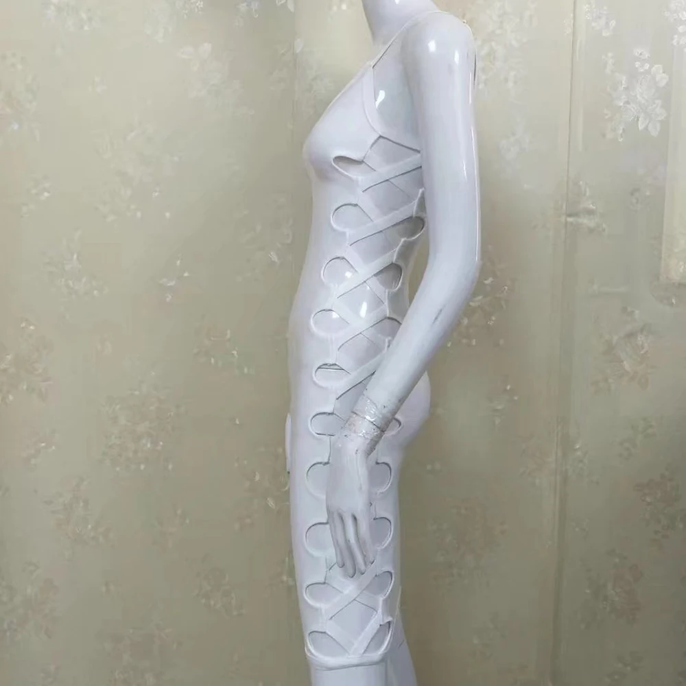 

Sexy Hollow Out Bandage Bodycon Dress White 2019 New Arrival V Neck Spaghetti Strap Sheath Party Club Dress